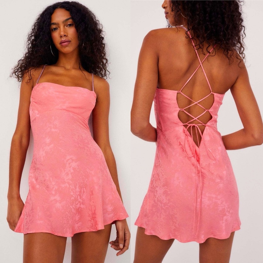 For Love & Lemons Gabrielle Coral Pink Floral Rhinestone Straps Mini Slip Dress